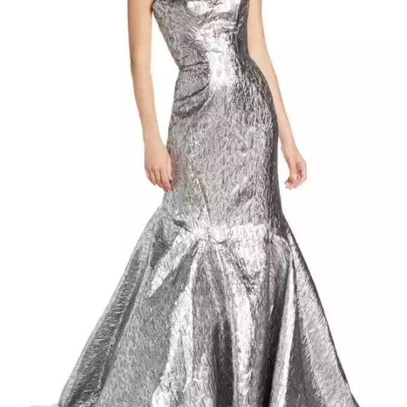 MAC DUGGAL STRAPLESS METALLIC BROCADE MERMAID GOWN in MERCURY sz 16 $598 66025D - Picture 3 of 16